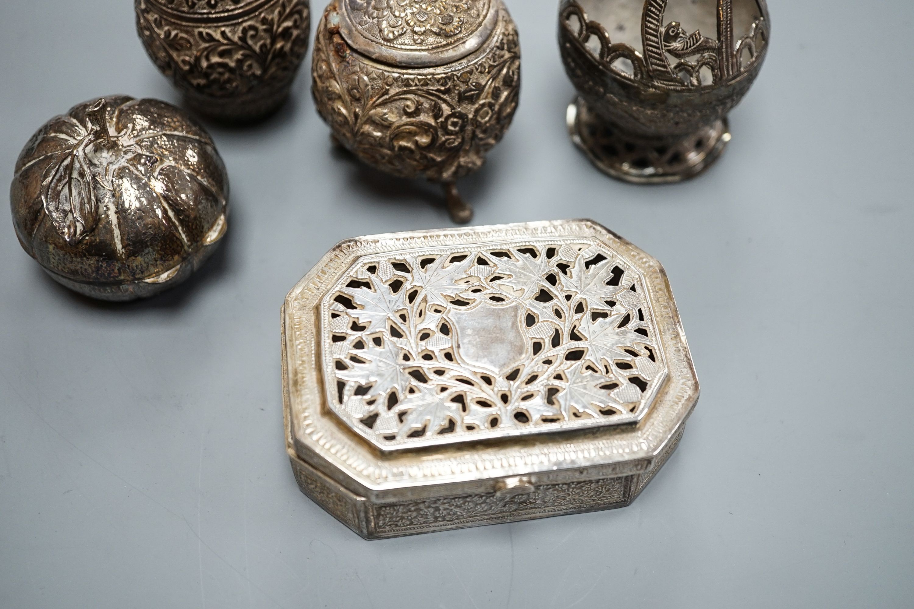 Two Indian white metal condiments and three other continental items including box with hinged cover.